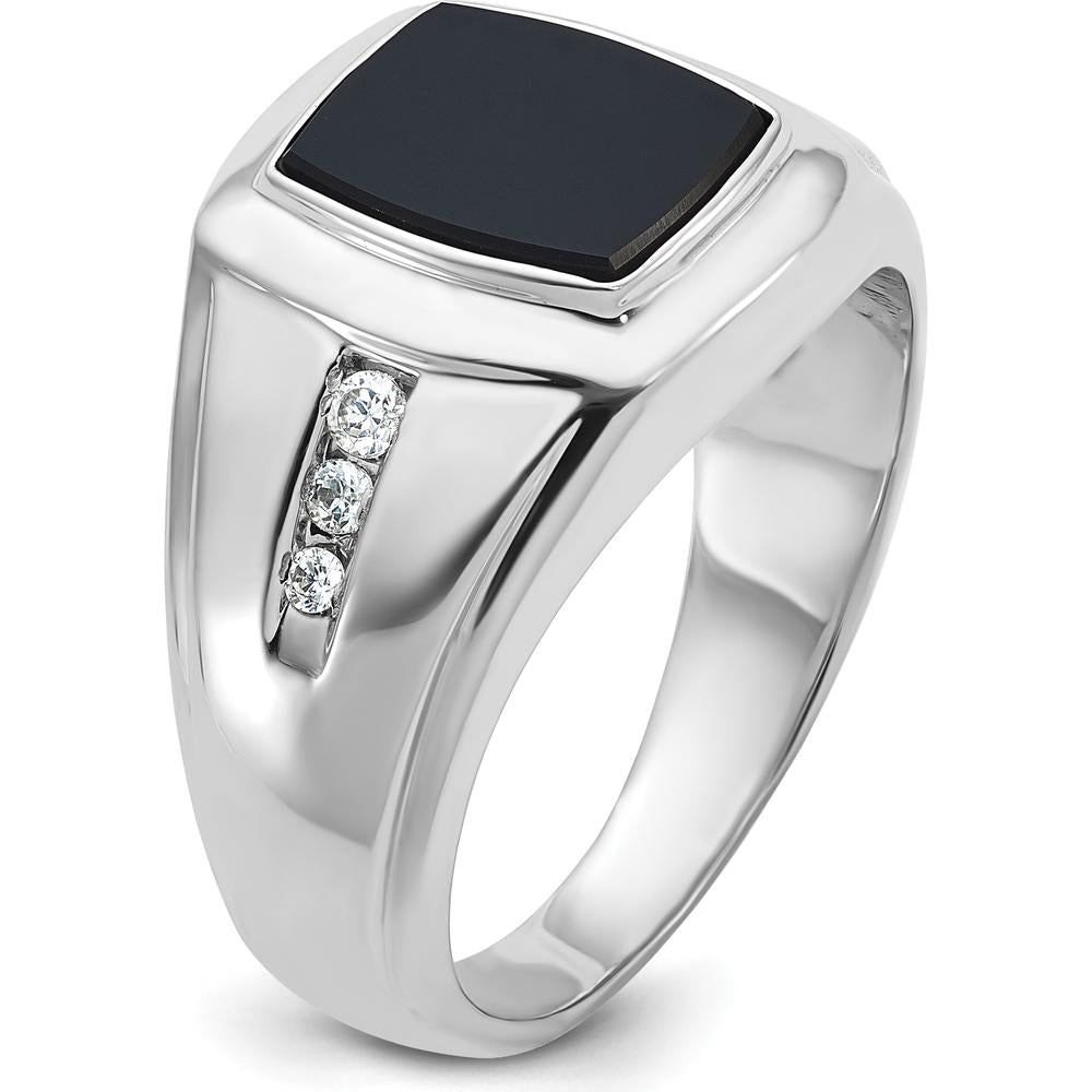 14K White Gold Men's Onyx and Round Diamond Ring - 1/8 Carat Total Diamond Weight by IBGoodman