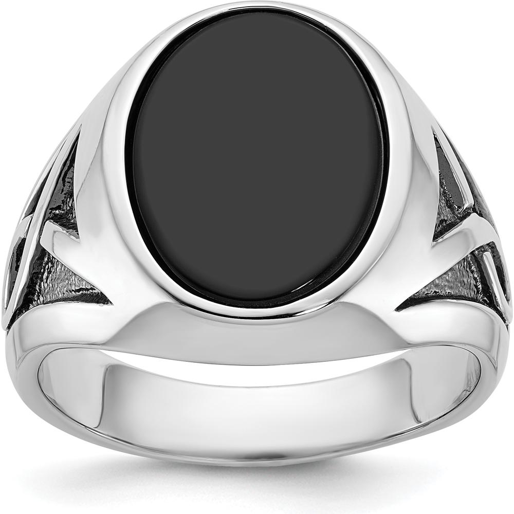 14K White Gold Men's Onyx Ring with Black Rhodium Plating - 16x12mm Oval Onyx Stone by IBGoodman