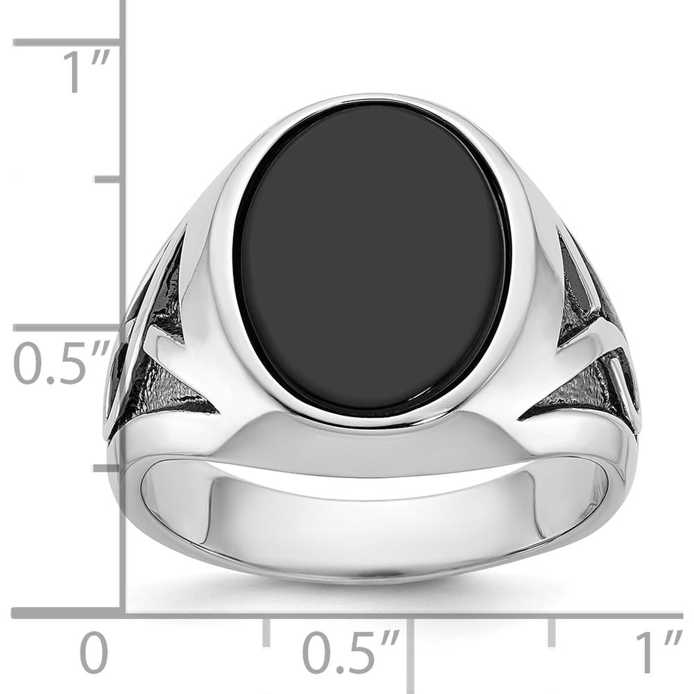 14K White Gold Men's Onyx Ring with Black Rhodium Plating - 16x12mm Oval Onyx Stone by IBGoodman