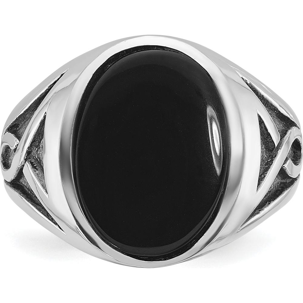 14K White Gold Men's Onyx Ring with Black Rhodium Plating - 16x12mm Oval Onyx Stone by IBGoodman