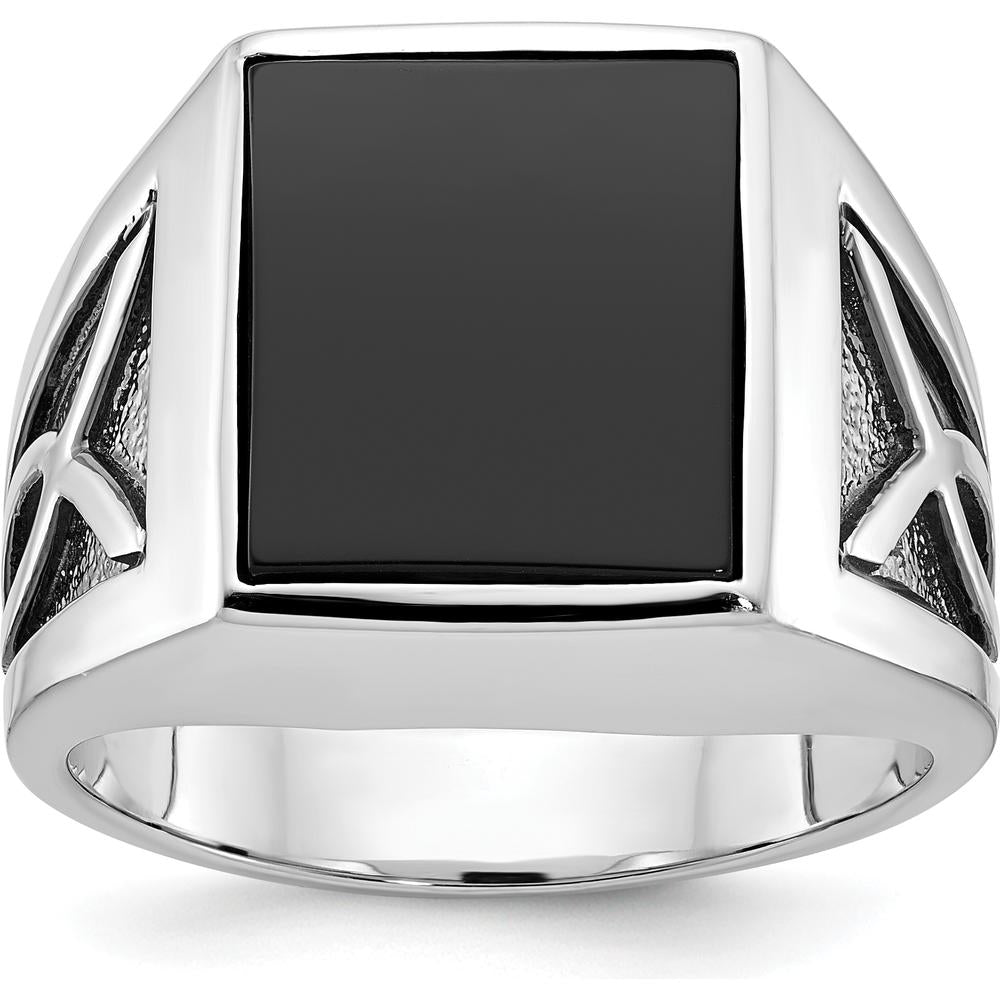 14K White Gold Men's Onyx Ring with Black Rhodium Plating - Cushion Cut Onyx Stone by IBGoodman