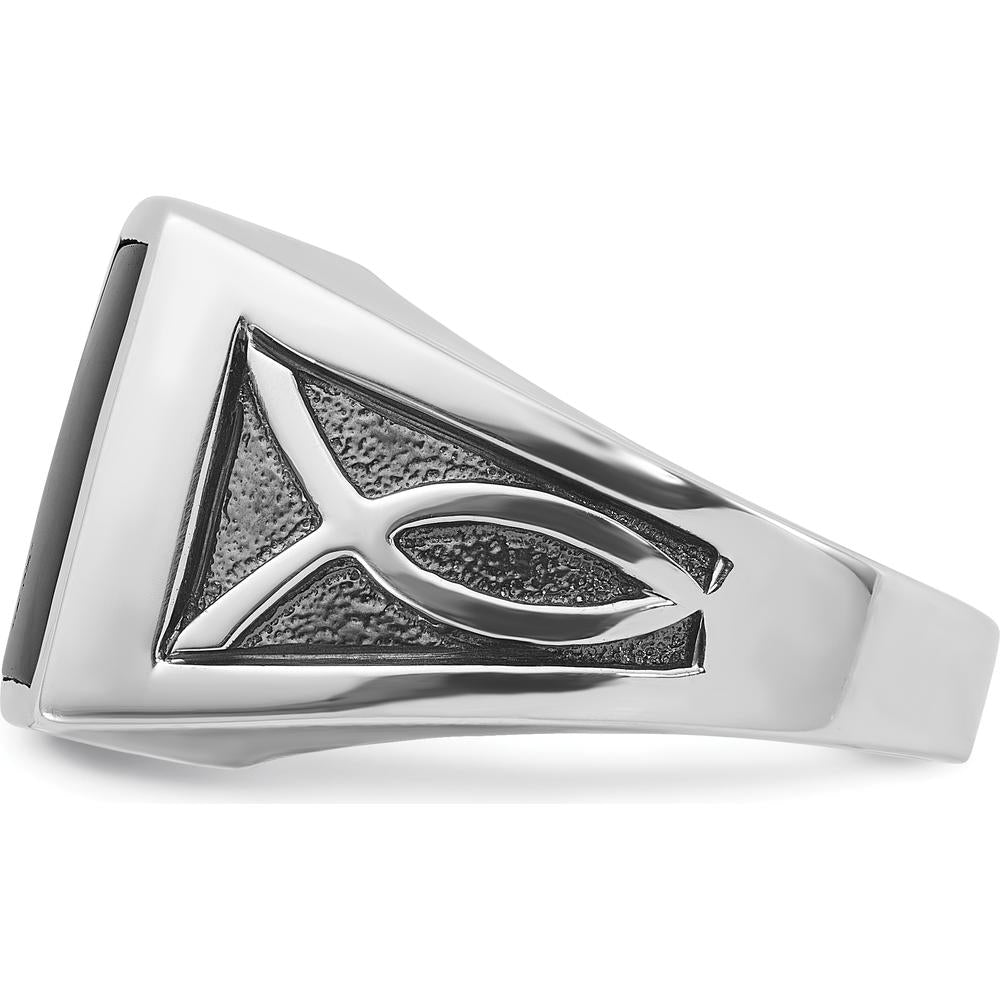 14K White Gold Men's Onyx Ring with Black Rhodium Plating - Cushion Cut Onyx Stone by IBGoodman