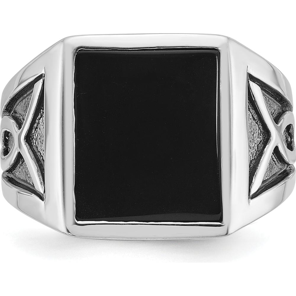 14K White Gold Men's Onyx Ring with Black Rhodium Plating - Cushion Cut Onyx Stone by IBGoodman