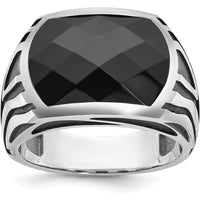 14K White Gold Men's Onyx Ring with Faceted Onyx Centerpiece by IBGoodman