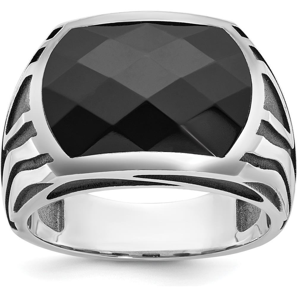 14K White Gold Men's Onyx Ring with Faceted Onyx Centerpiece by IBGoodman