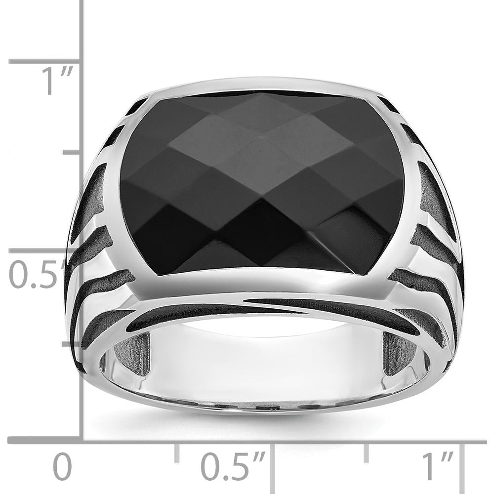 14K White Gold Men's Onyx Ring with Faceted Onyx Centerpiece by IBGoodman