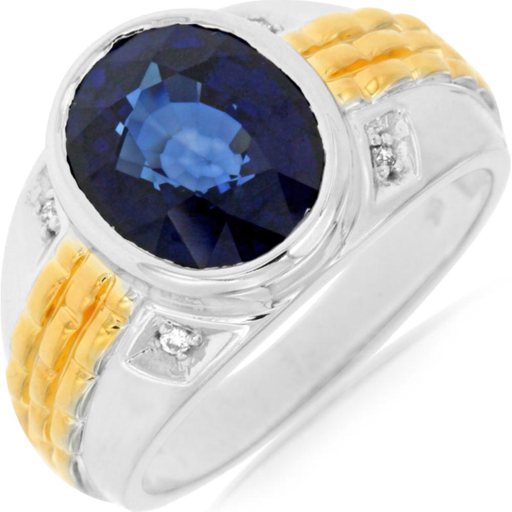 14K White Gold Men's Oval Created Sapphire Ring with Diamond Accents - 7.50 Carat Sapphire and 0.05 Carat Total Diamond Weight - Royal Jewelry