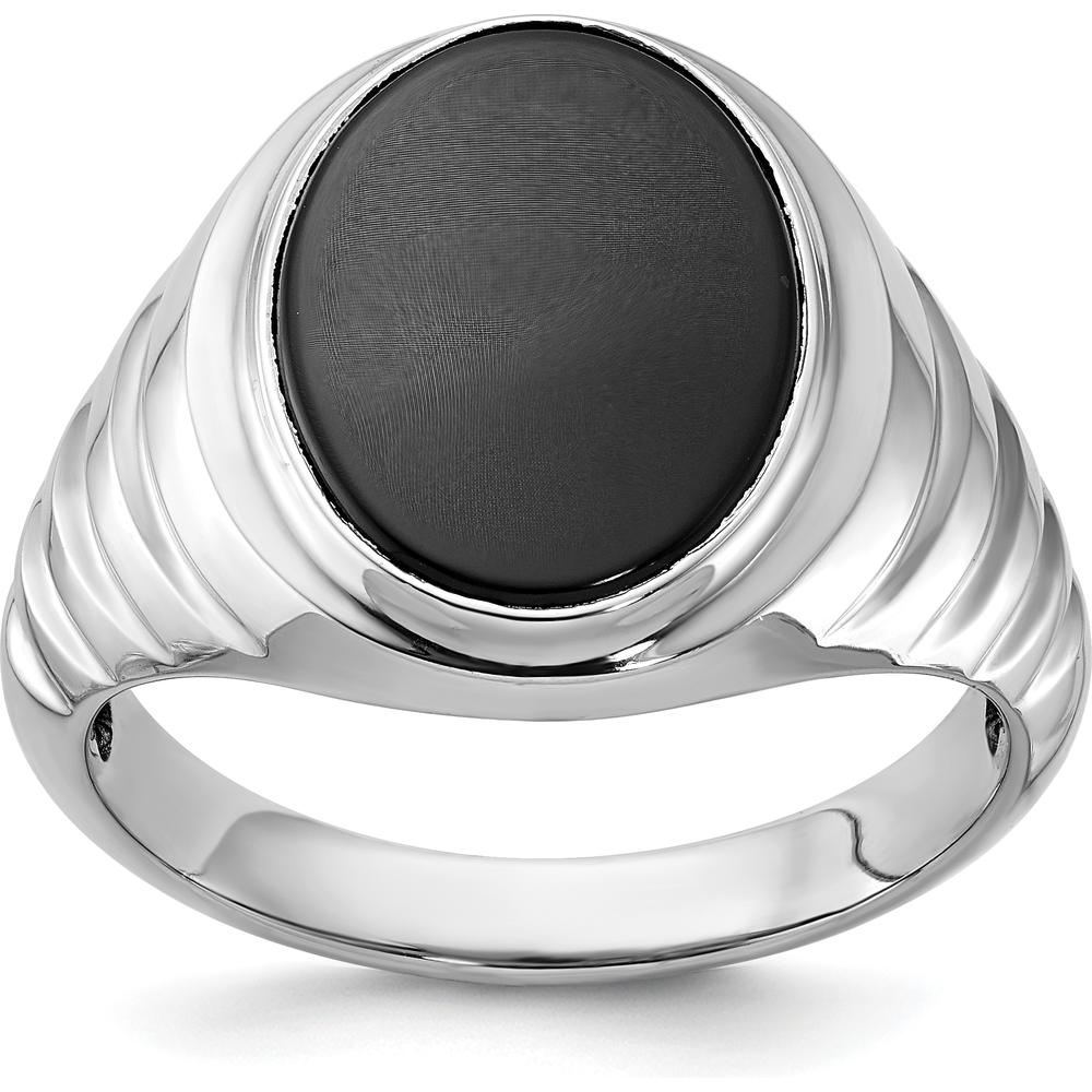 14K White Gold Men's Oval Onyx Ring with Rhodium Plating - 16x12mm Oval Black Onyx by IBGoodman
