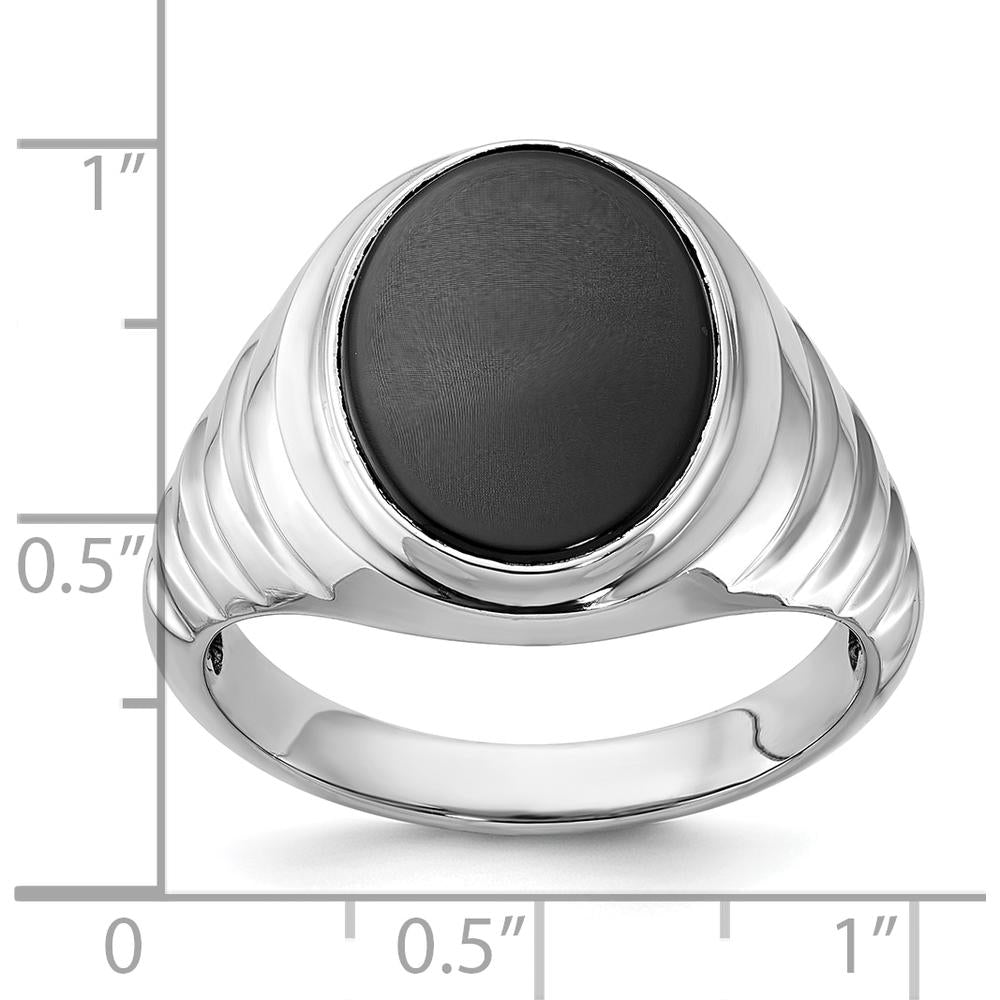 14K White Gold Men's Oval Onyx Ring with Rhodium Plating - 16x12mm Oval Black Onyx by IBGoodman