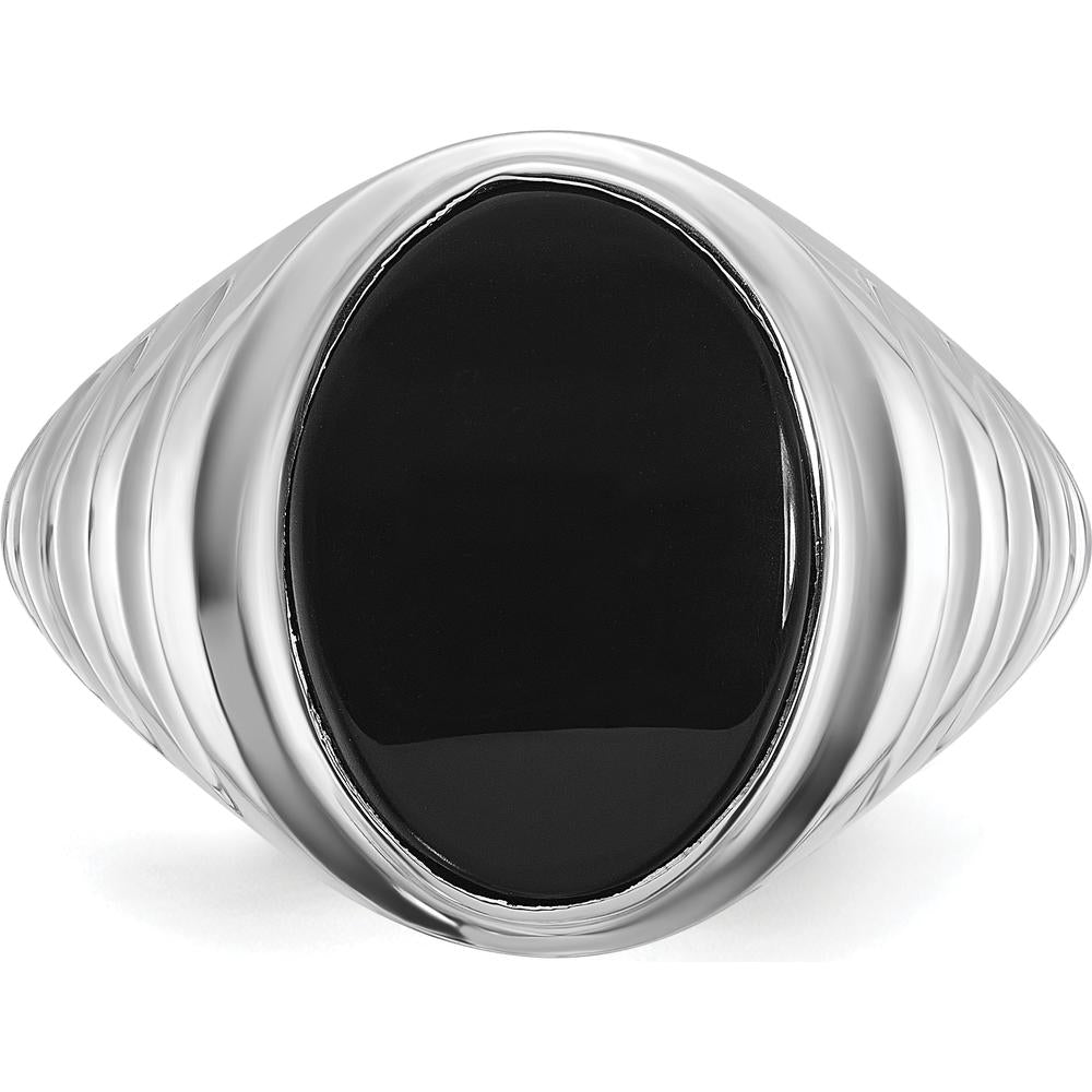 14K White Gold Men's Oval Onyx Ring with Rhodium Plating - 16x12mm Oval Black Onyx by IBGoodman
