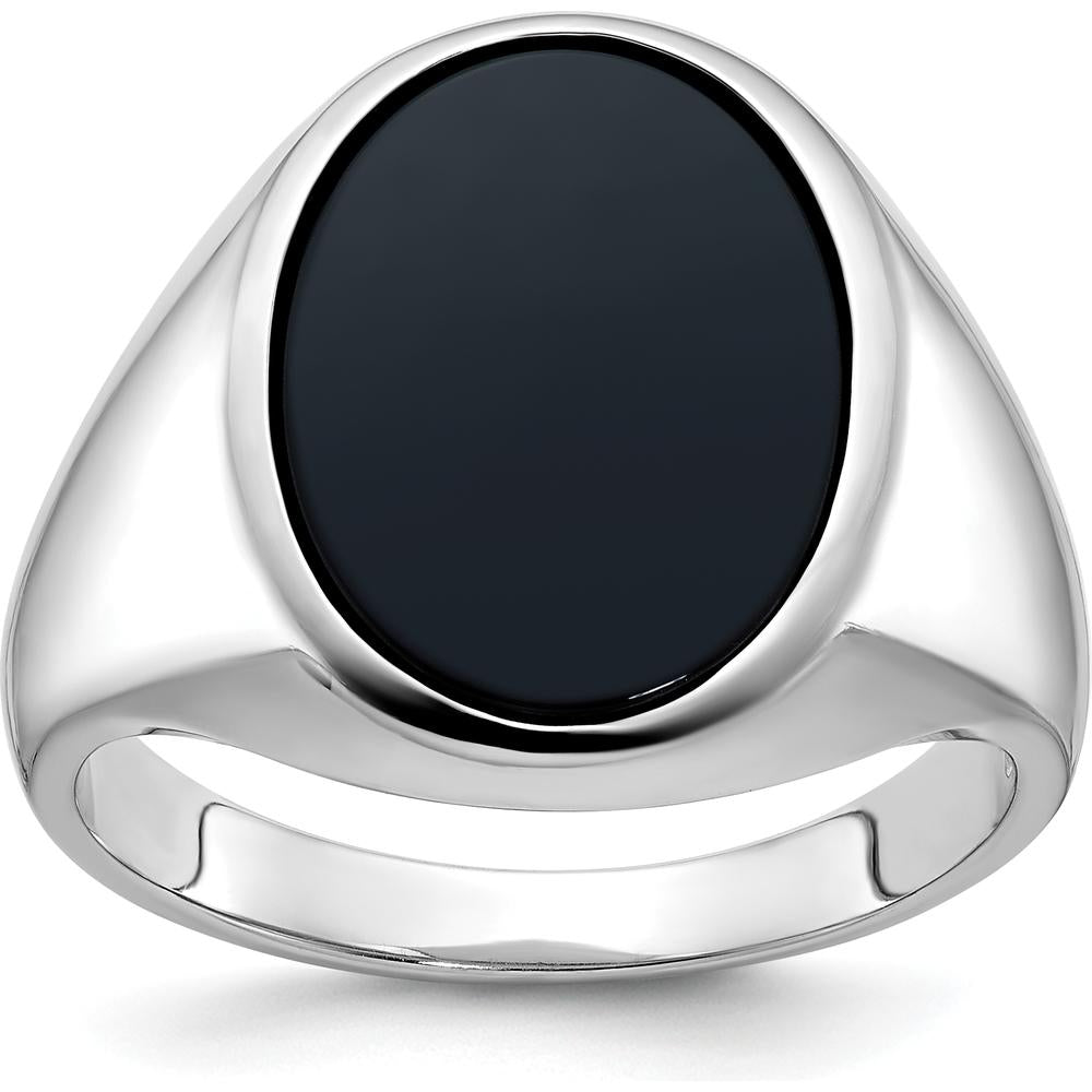 14K White Gold Men's Oval Onyx Ring with Rhodium Plating - Bold and Timeless Design by IBGoodman