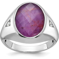 14K White Gold Men's Oval Ruby Doublet and Diamond Ring with Rhodium Plating - 0.041 Carats Diamond Weight by IBGoodman