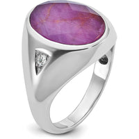 14K White Gold Men's Oval Ruby Doublet and Diamond Ring with Rhodium Plating - 0.041 Carats Diamond Weight by IBGoodman