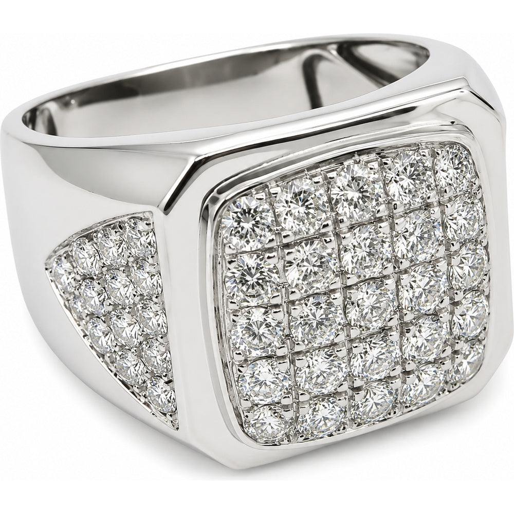 14K White Gold Men's Pavé-Set Round Diamond Signet Fashion Ring - 2.27 Carat Total Diamond Weight by Auriventus