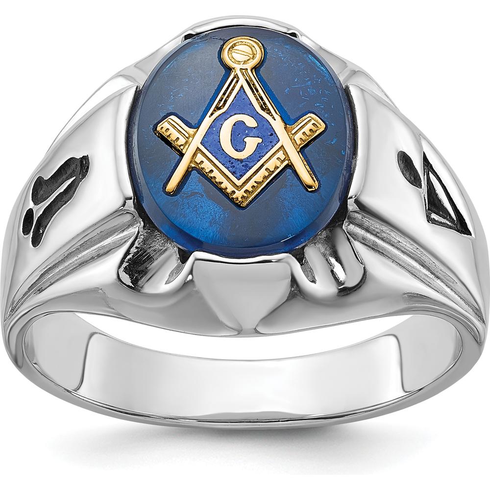 14K White Gold Men's Polished and Antiqued Masonic Ring with Oval Blue Lab-Created Spinel - 12x10mm by IBGoodman