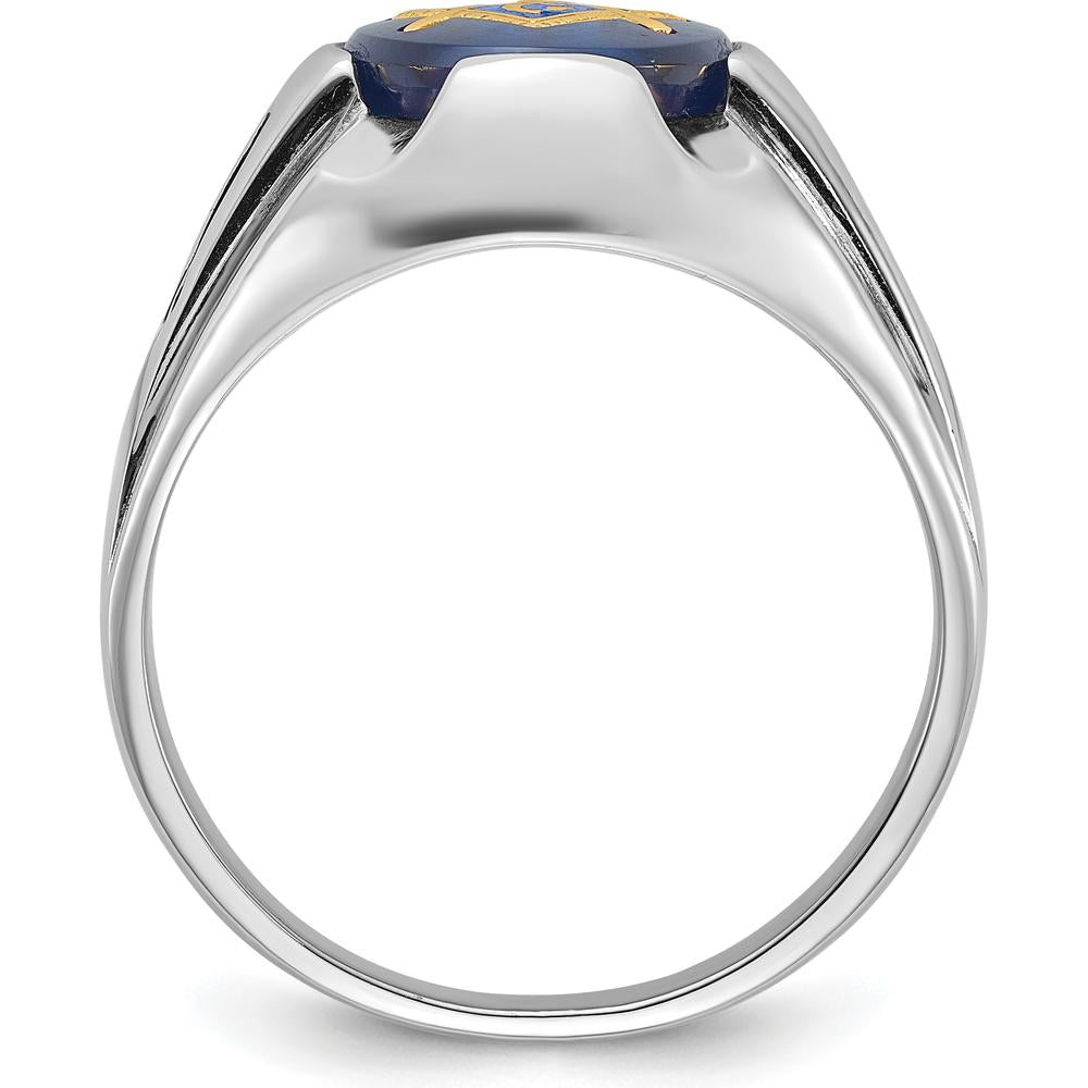 14K White Gold Men's Polished and Antiqued Masonic Ring with Oval Blue Lab-Created Spinel - 12x10mm by IBGoodman