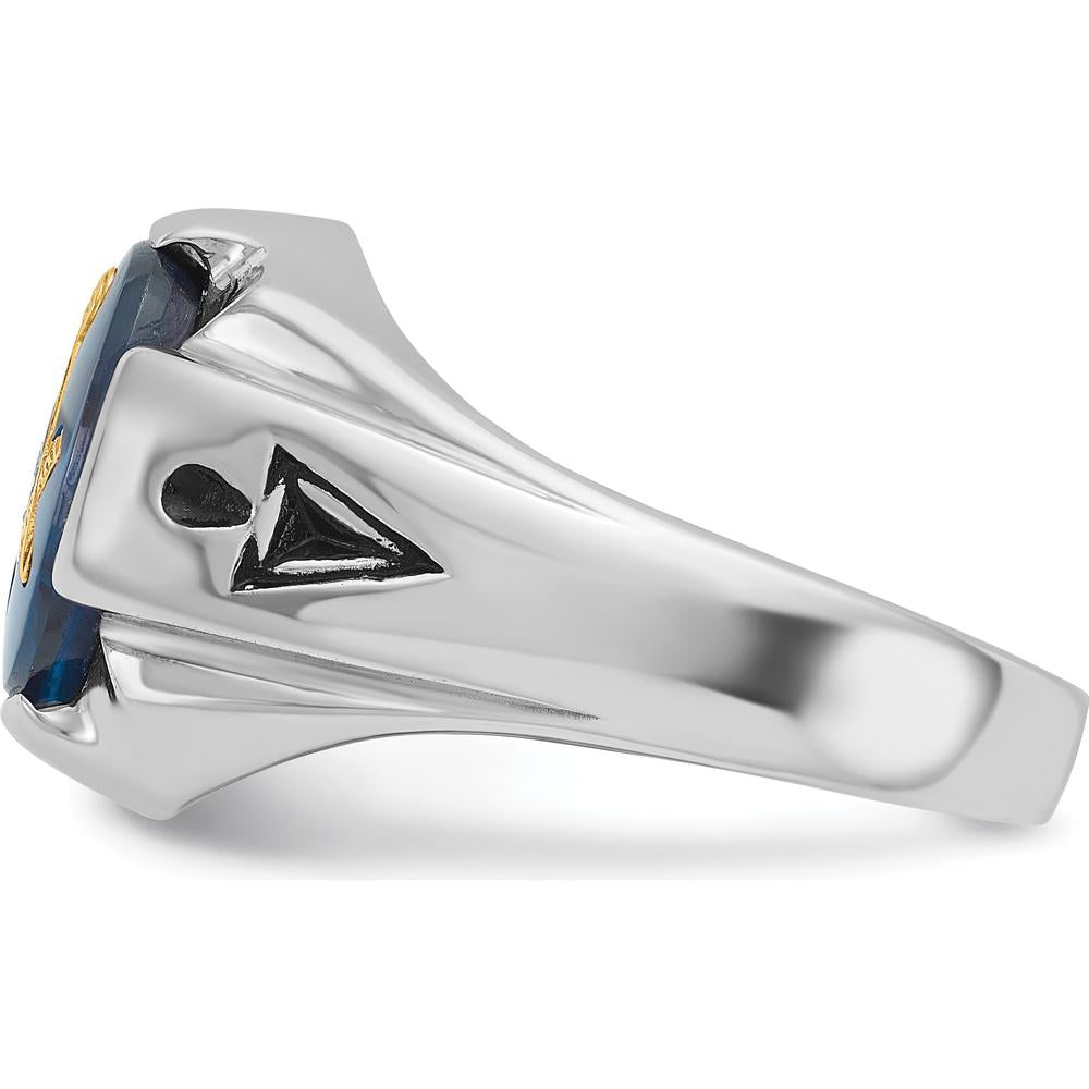 14K White Gold Men's Polished and Antiqued Masonic Ring with Oval Blue Lab-Created Spinel - 12x10mm by IBGoodman