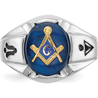 14K White Gold Men's Polished and Antiqued Masonic Ring with Oval Blue Lab-Created Spinel - 12x10mm by IBGoodman