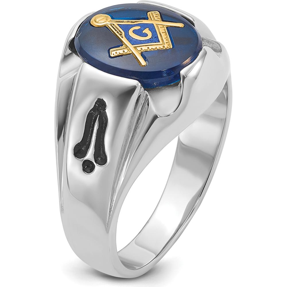 14K White Gold Men's Polished and Antiqued Masonic Ring with Oval Blue Lab-Created Spinel - 12x10mm by IBGoodman