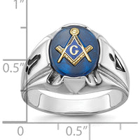 14K White Gold Men's Polished and Antiqued Masonic Ring with Oval Blue Lab-Created Spinel - 12x10mm by IBGoodman