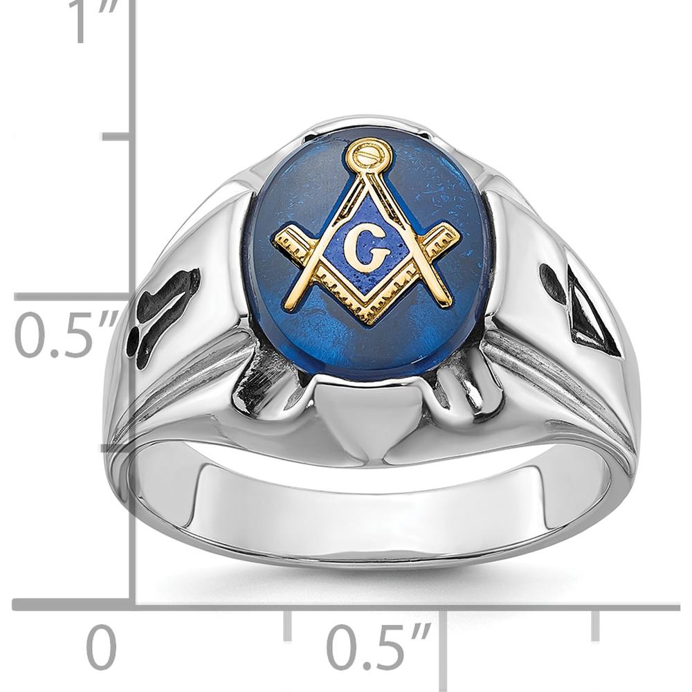 14K White Gold Men's Polished and Antiqued Masonic Ring with Oval Blue Lab-Created Spinel - 12x10mm by IBGoodman