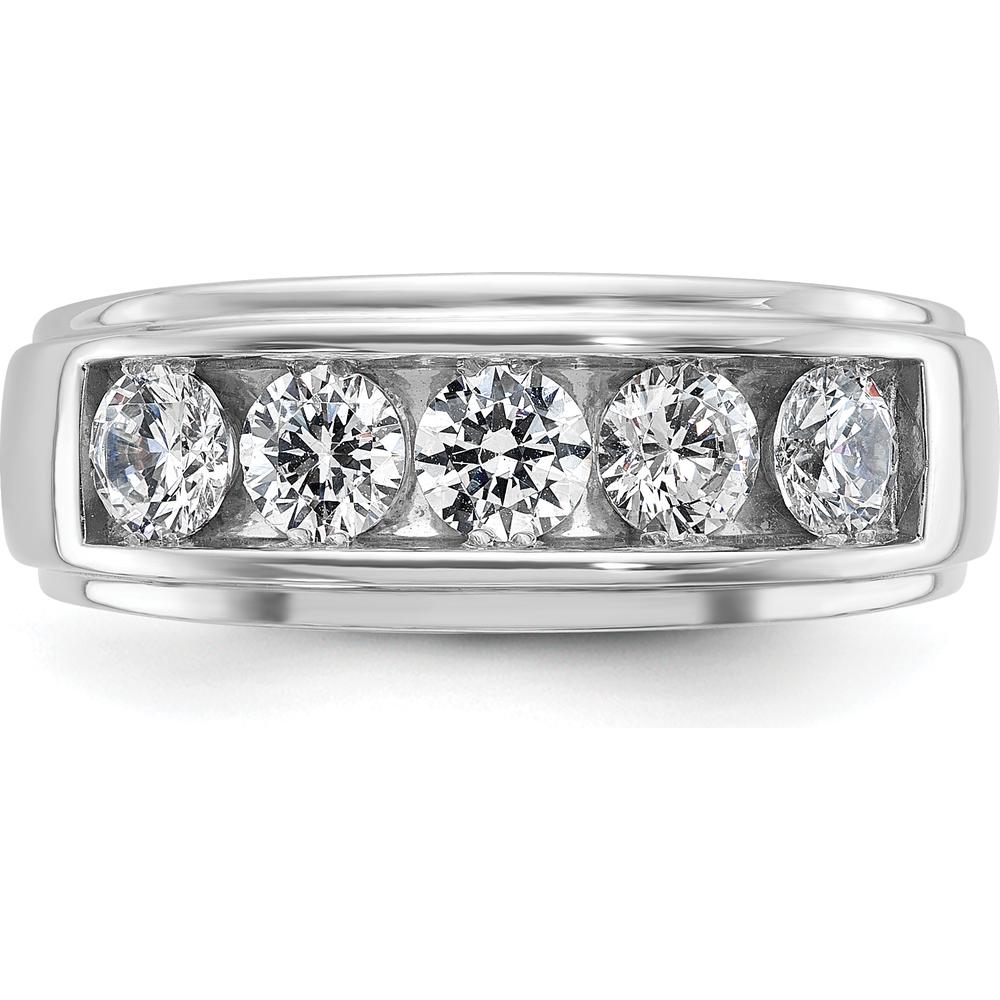 14K White Gold Men's Polished and Grooved 5-Stone Diamond Ring - 1.2 Carats Total Diamond Weight by IBGoodman