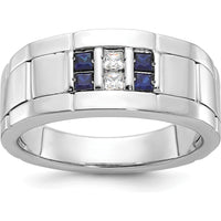 14K White Gold Men's Polished and Grooved Lab-Created Sapphire and 1/10 Carat AA Quality Diamond Ring by IBGoodman