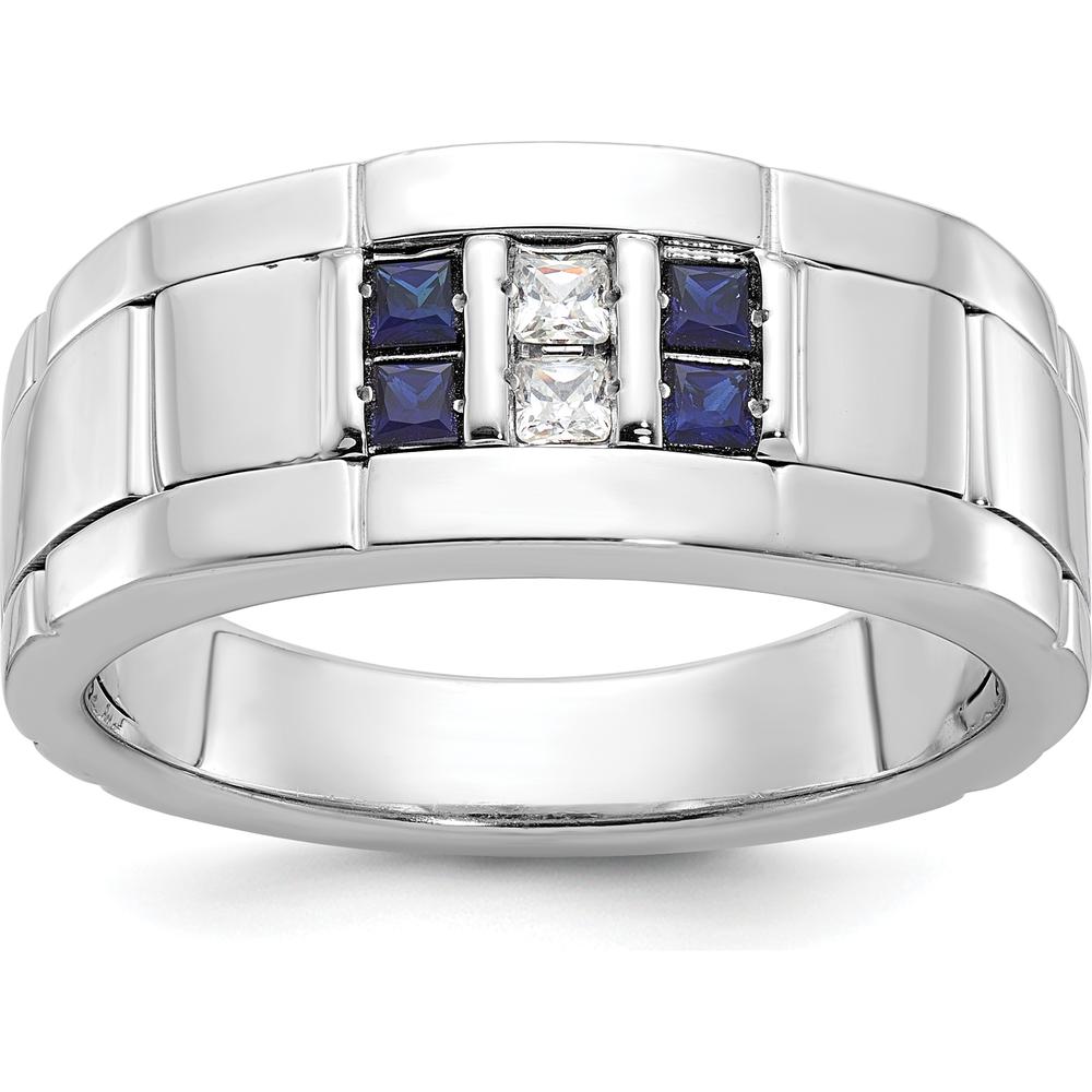 14K White Gold Men's Polished and Grooved Lab-Created Sapphire and 1/10 Carat AA Quality Diamond Ring by IBGoodman