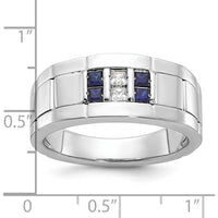 14K White Gold Men's Polished and Grooved Lab-Created Sapphire and 1/10 Carat AA Quality Diamond Ring by IBGoodman