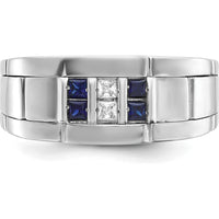14K White Gold Men's Polished and Grooved Lab-Created Sapphire and 1/10 Carat AA Quality Diamond Ring by IBGoodman