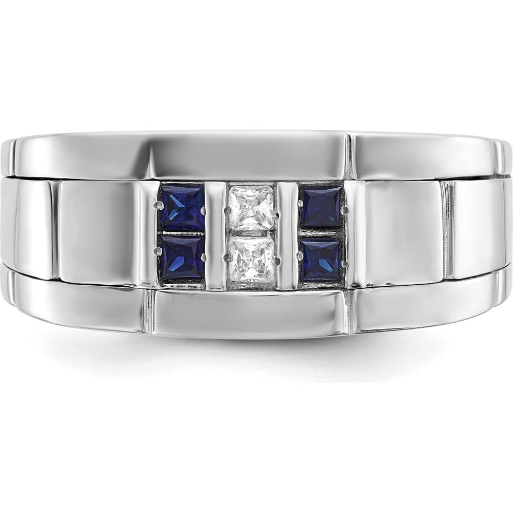 14K White Gold Men's Polished and Grooved Lab-Created Sapphire and 1/10 Carat AA Quality Diamond Ring by IBGoodman