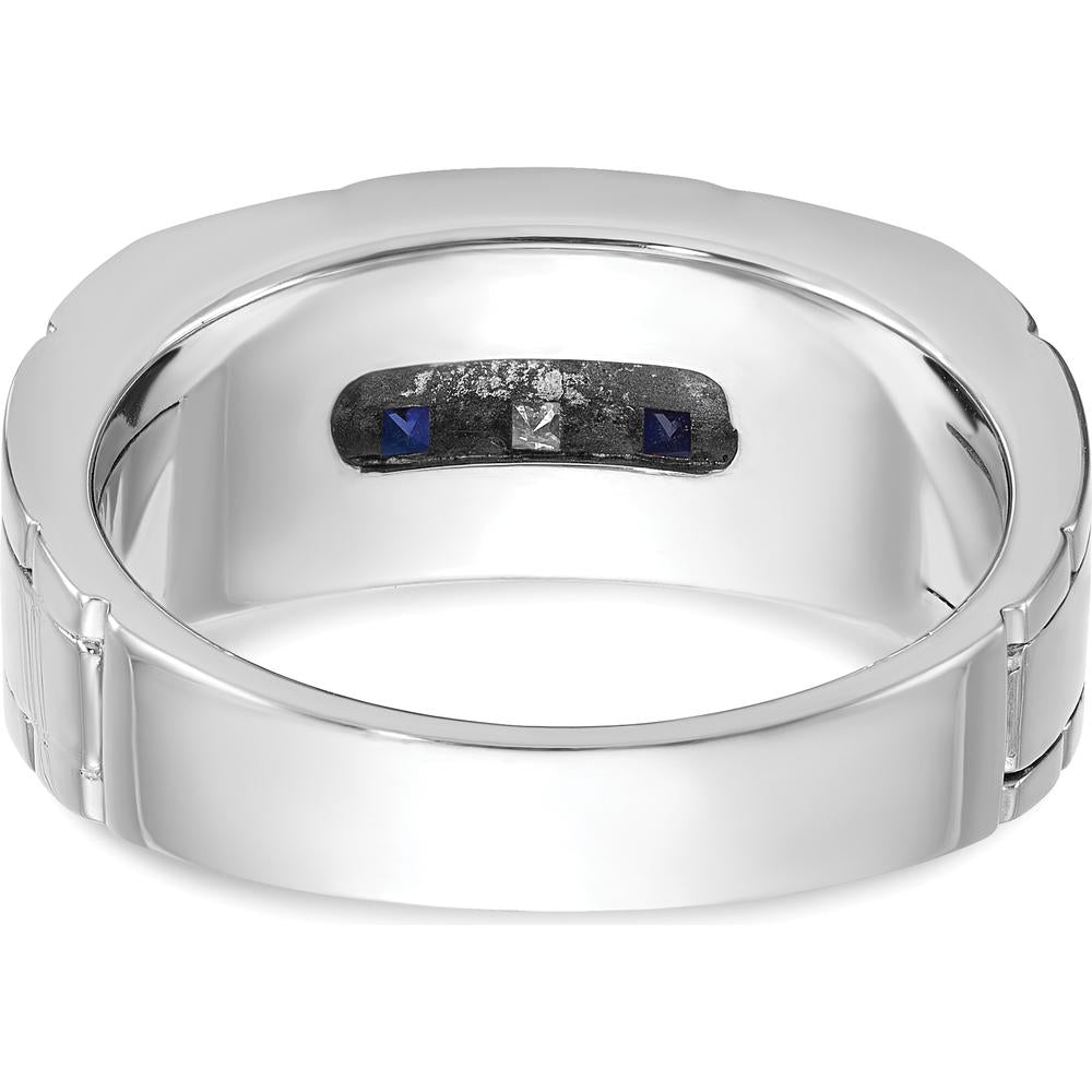 14K White Gold Men's Polished and Grooved Lab-Created Sapphire and 1/10 Carat AA Quality Diamond Ring by IBGoodman
