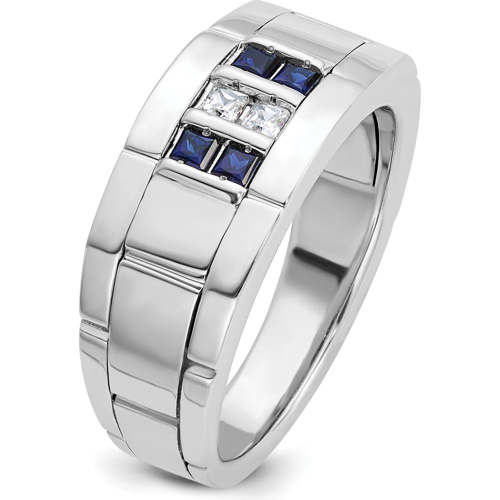 14K White Gold Men's Polished and Grooved Lab-Created Sapphire and 1/10 Carat AA Quality Diamond Ring by IBGoodman