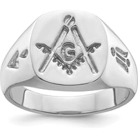 14K White Gold Men's Polished and Grooved Masonic Ring with Rhodium-Plated Finish by IBGoodman