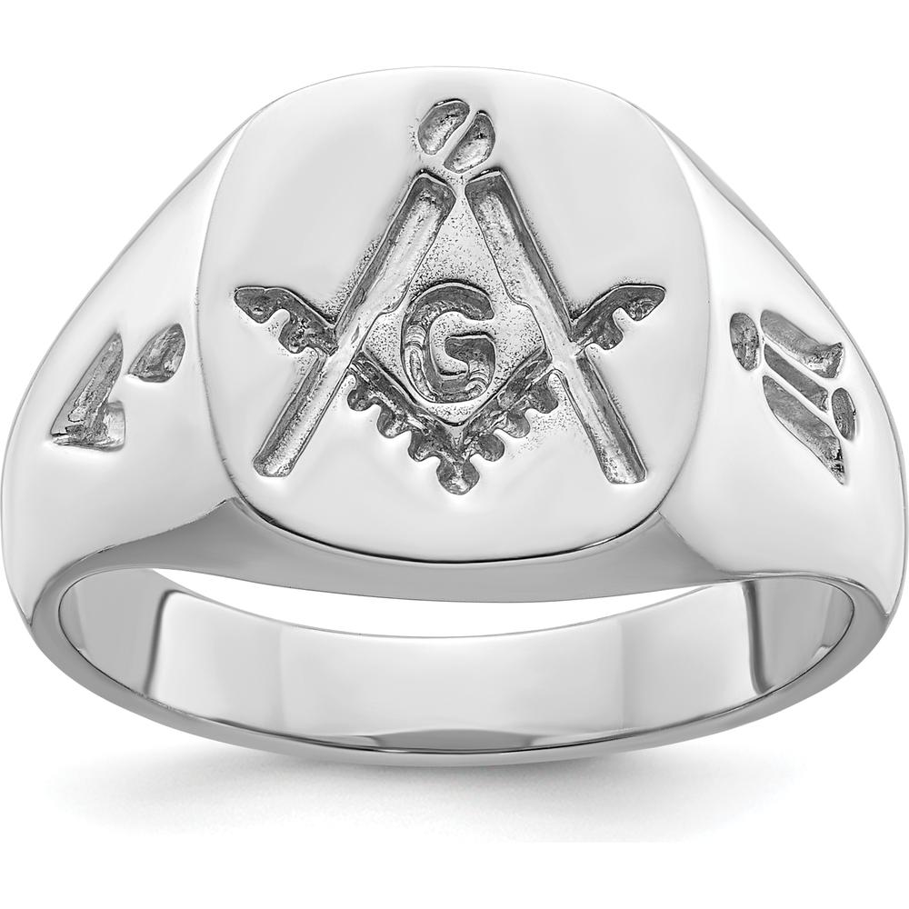 14K White Gold Men's Polished and Grooved Masonic Ring with Rhodium-Plated Finish by IBGoodman