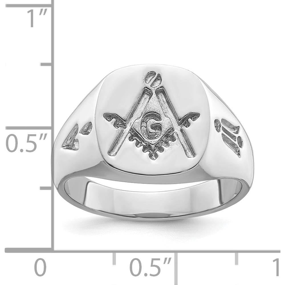 14K White Gold Men's Polished and Grooved Masonic Ring with Rhodium-Plated Finish by IBGoodman