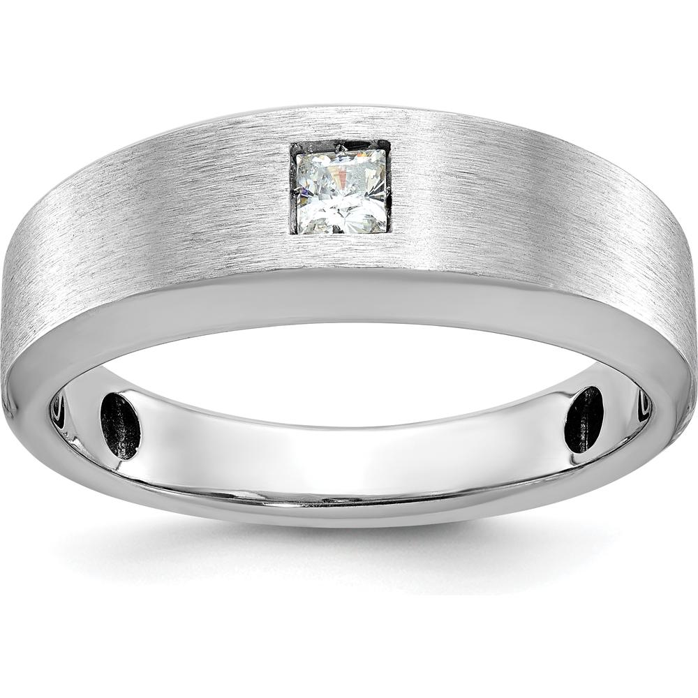 14K White Gold Men's Polished and Satin 1/6 Carat Diamond Ring - Square Cut, Faceted Diamond, Rhodium Plated by IBGoodman