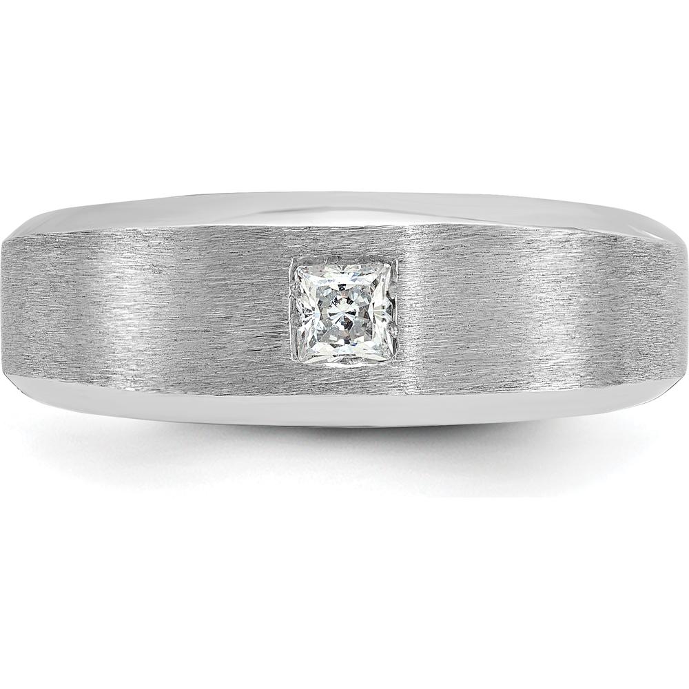 14K White Gold Men's Polished and Satin 1/6 Carat Diamond Ring - Square Cut, Faceted Diamond, Rhodium Plated by IBGoodman
