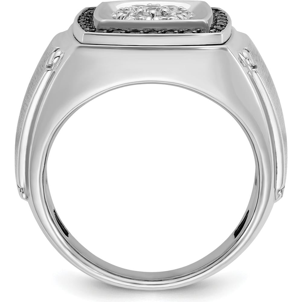14K White Gold Men's Polished and Satin 3/4 Carat Black and White Diamond Halo Cluster Ring by IBGoodman