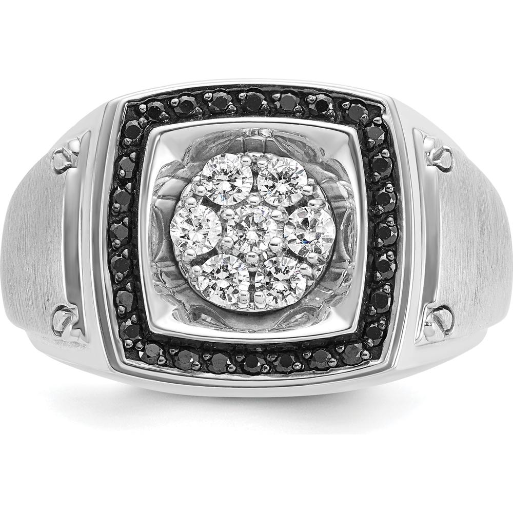 14K White Gold Men's Polished and Satin 3/4 Carat Black and White Diamond Halo Cluster Ring by IBGoodman