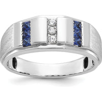14K White Gold Men's Polished and Satin 3-Row Lab Created Sapphire and Diamond Ring - 1/10 Carats Total Diamond Weight by IBGoodman