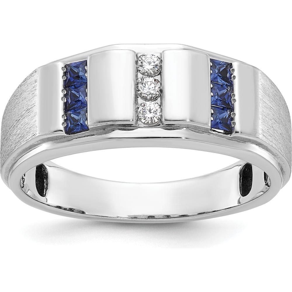 14K White Gold Men's Polished and Satin 3-Row Lab Created Sapphire and Diamond Ring - 1/10 Carats Total Diamond Weight by IBGoodman