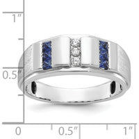 14K White Gold Men's Polished and Satin 3-Row Lab Created Sapphire and Diamond Ring - 1/10 Carats Total Diamond Weight by IBGoodman