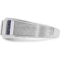 14K White Gold Men's Polished and Satin 3-Row Lab Created Sapphire and Diamond Ring - 1/10 Carats Total Diamond Weight by IBGoodman