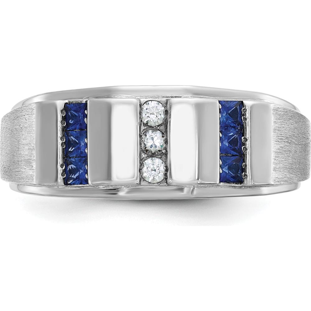 14K White Gold Men's Polished and Satin 3-Row Lab Created Sapphire and Diamond Ring - 1/10 Carats Total Diamond Weight by IBGoodman