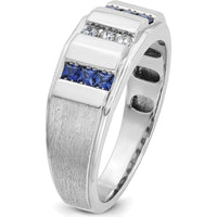 14K White Gold Men's Polished and Satin 3-Row Lab Created Sapphire and Diamond Ring - 1/10 Carats Total Diamond Weight by IBGoodman
