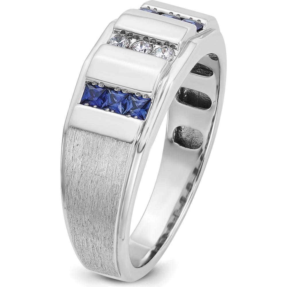 14K White Gold Men's Polished and Satin 3-Row Lab Created Sapphire and Diamond Ring - 1/10 Carats Total Diamond Weight by IBGoodman