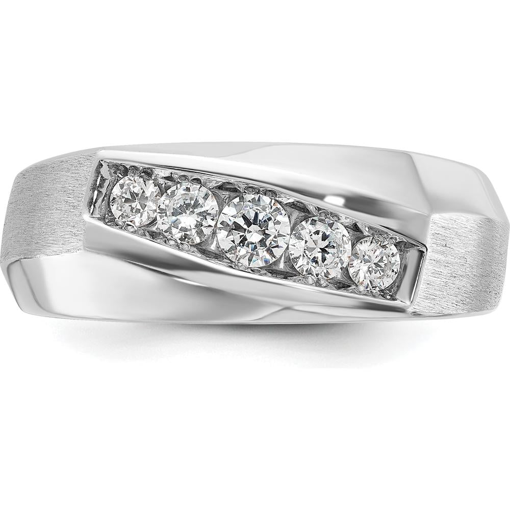 14K White Gold Men's Polished & Satin 5-Stone Diamond Ring with Round Diamonds - 0.75 Carats Total Diamond Weight by IBGoodman