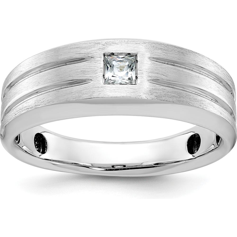 14K White Gold Men's Polished and Satin Diamond Ring with 3mm Square Faceted Diamond - 0.16 Carats Total Diamond Weight by IBGoodman