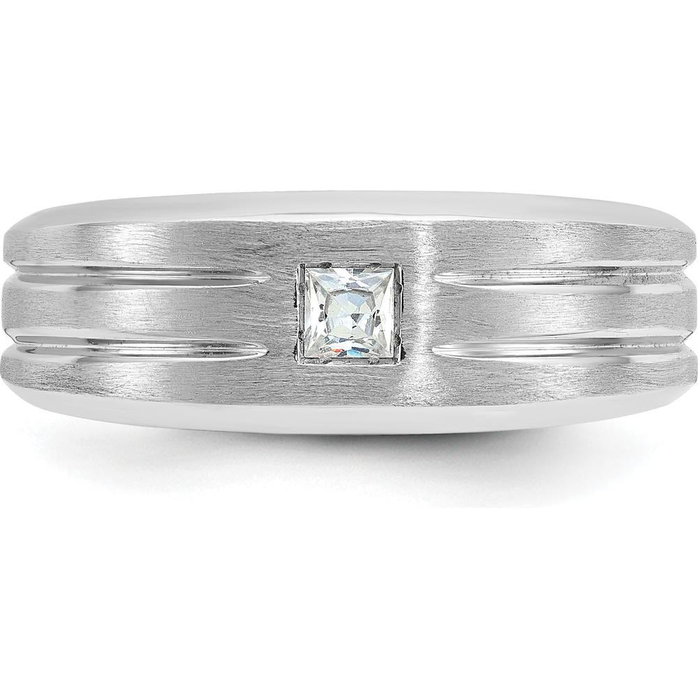 14K White Gold Men's Polished and Satin Diamond Ring with 3mm Square Faceted Diamond - 0.16 Carats Total Diamond Weight by IBGoodman
